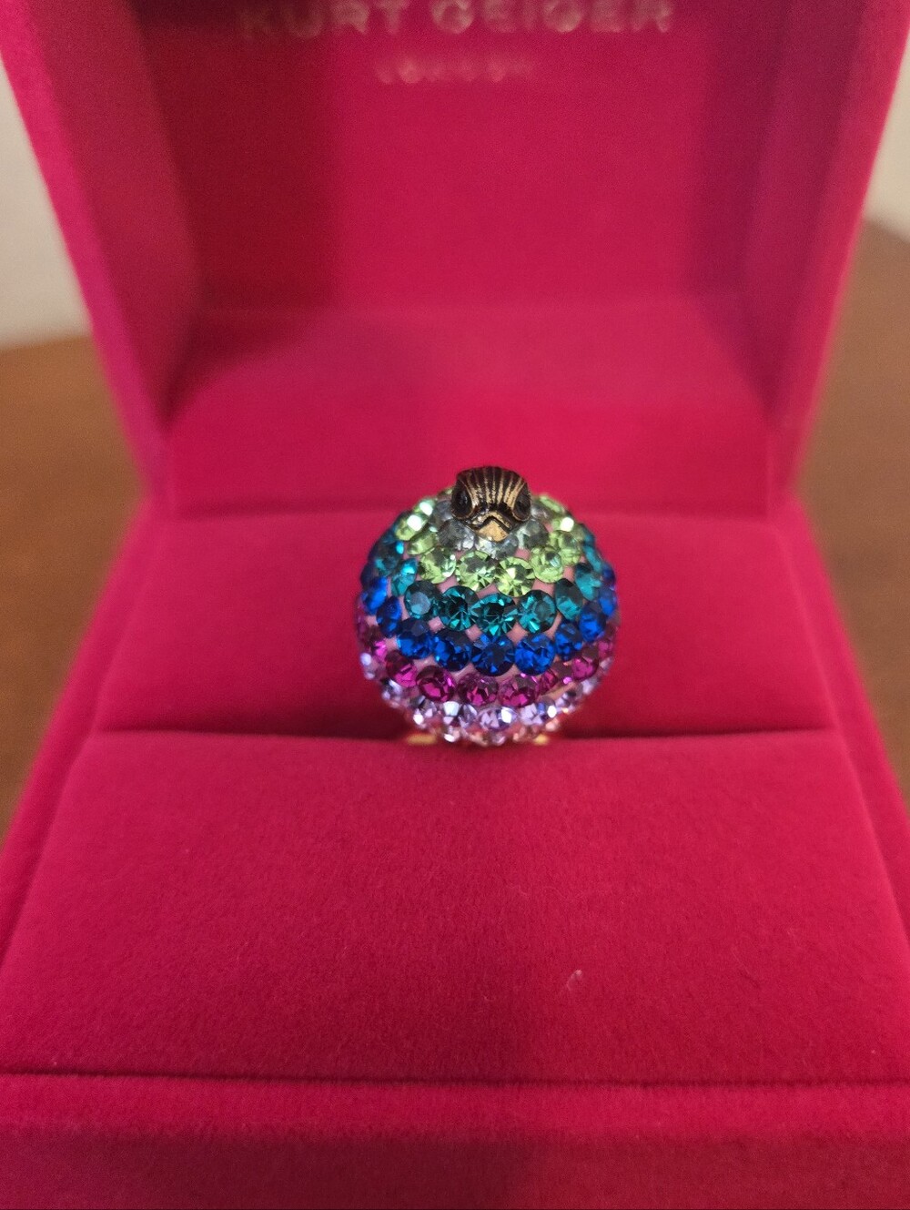 Kurt Geiger Gold Multicolor Crystal Orb Ring Size 8
